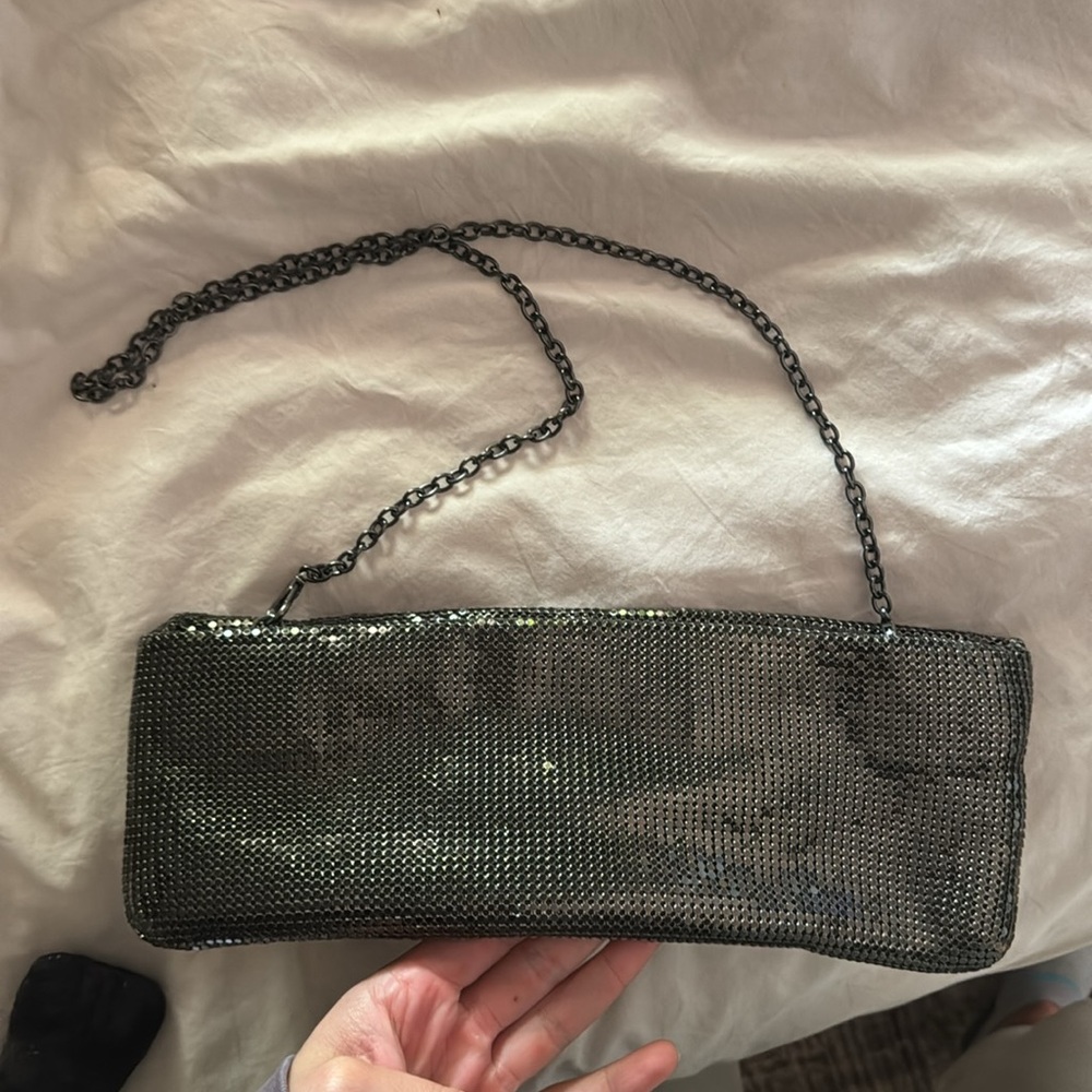 CHICO'S GUN METAL MESH METAL CLUTCH PURSE CHAIN STRAP -EUC